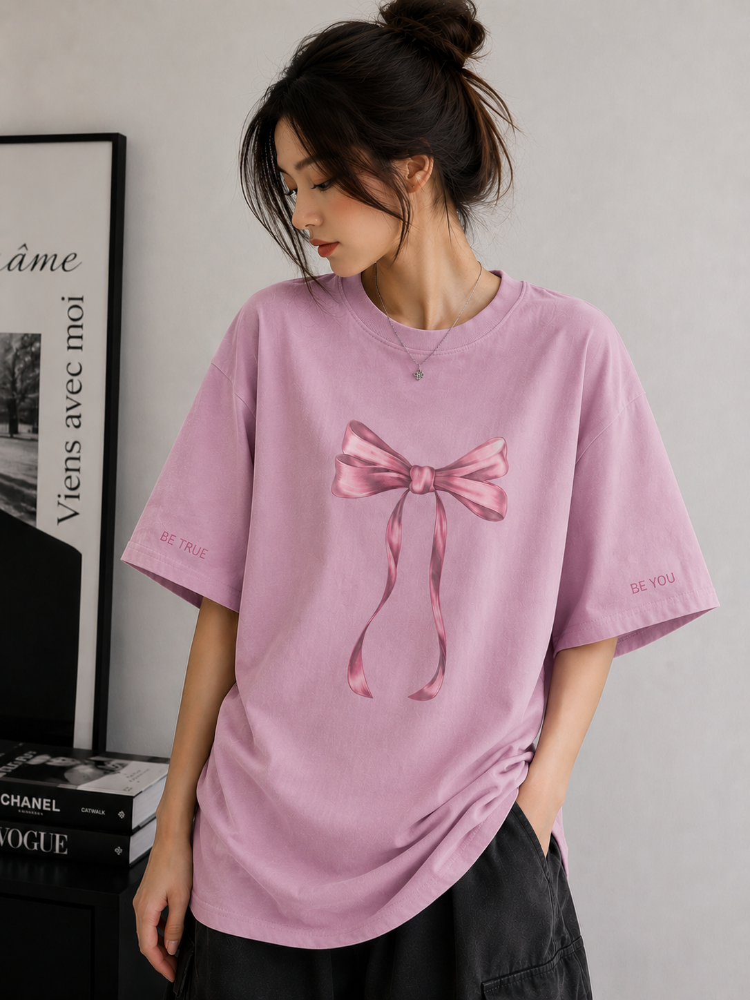 Blush Bow | Oversized Drop Shoulder T-Shirt | Dripen Wears