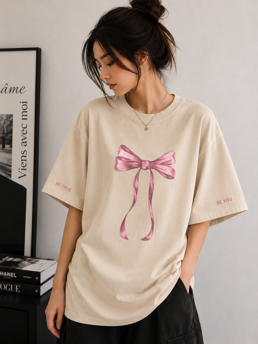 Blush Bow | Oversized Drop Shoulder T-Shirt | Dripen Wears