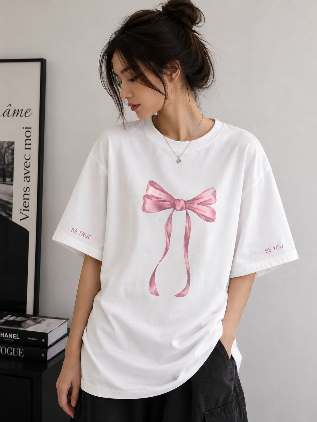 Blush Bow | Oversized Drop Shoulder T-Shirt | Dripen Wears