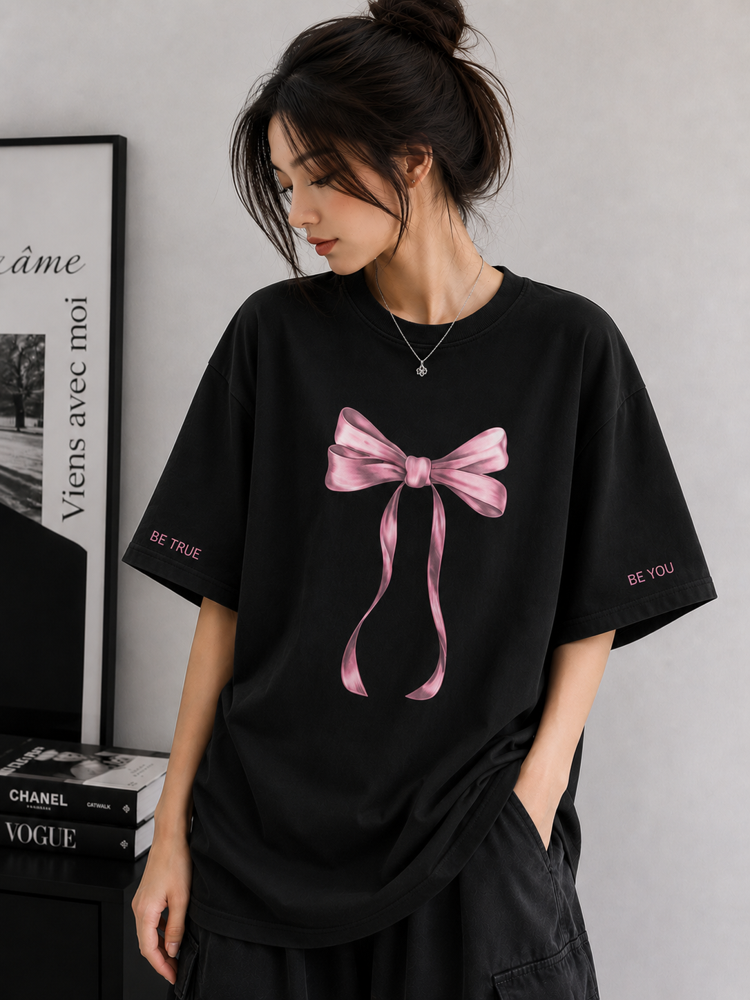 Blush Bow | Oversized Drop Shoulder T-Shirt | Dripen Wears