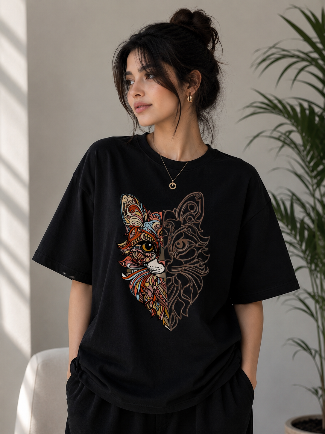 Eclipse Cat | Oversized Drop Shoulder T-Shirt | Dripen Wears